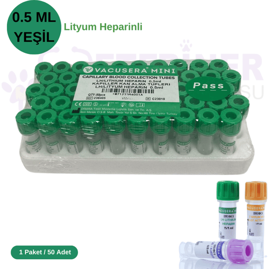 Lityum Heparinli Tüp 0,5 ML (Pediatrik) (Yeşil Kapak) 50 li Paket