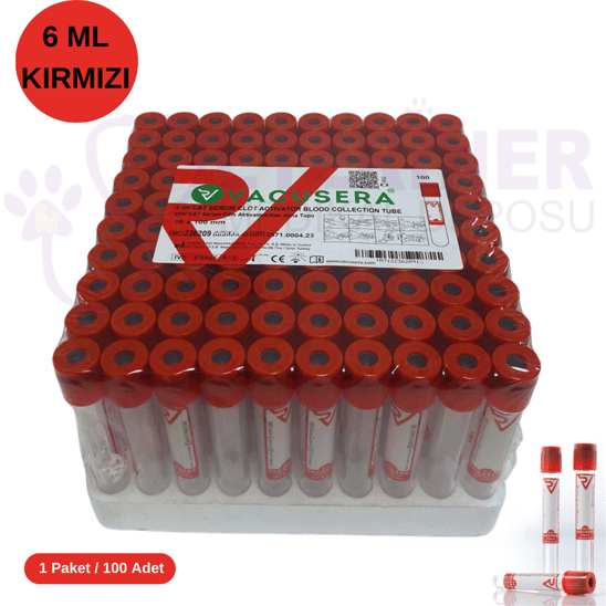 Vakumlu Boş Tüp 6 ML (Kırmızı Kapak) 100'lü Paket