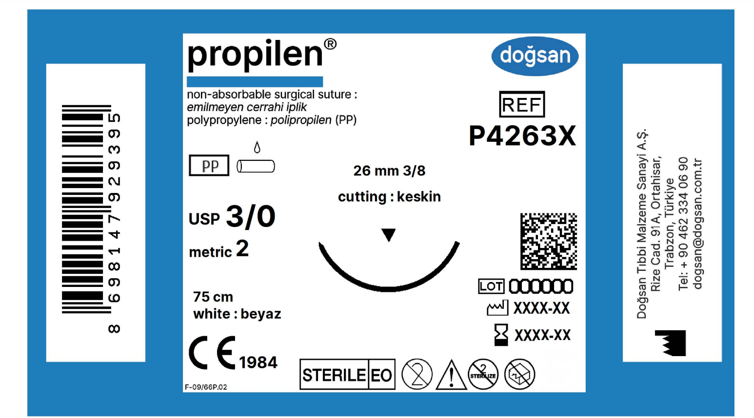 Propilen beyaz 3/0 26 3/8 keskin(▼),75cm
