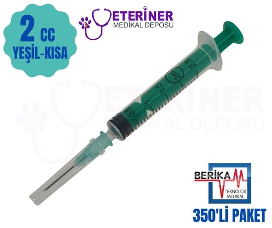 Berika 2 CC 3 Parça (Contalı) Kısa ve Yeşil Uçlu Enjektör 350'lü Paket