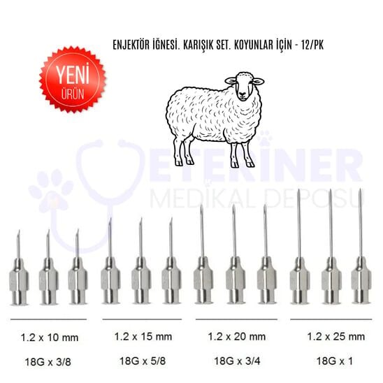 ''Enjektör İğnesi. Karışık Set. Koyunlar İçin - 12/pk ''