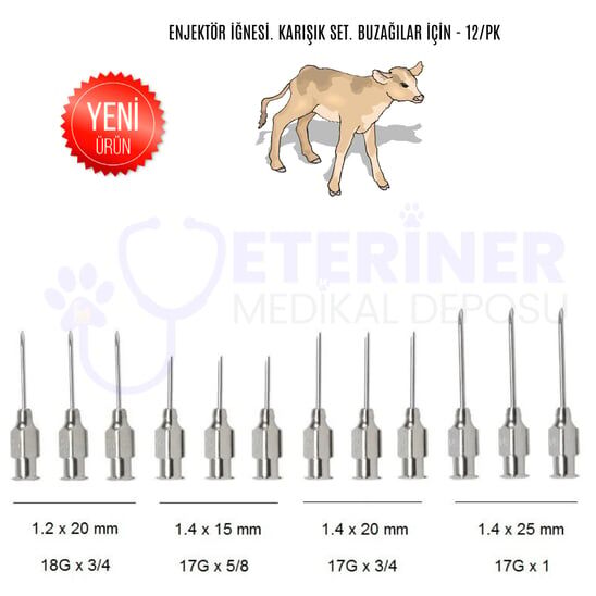 ''Enjektör İğnesi. Karışık Set. Buzağılar İçin - 12/pk ''