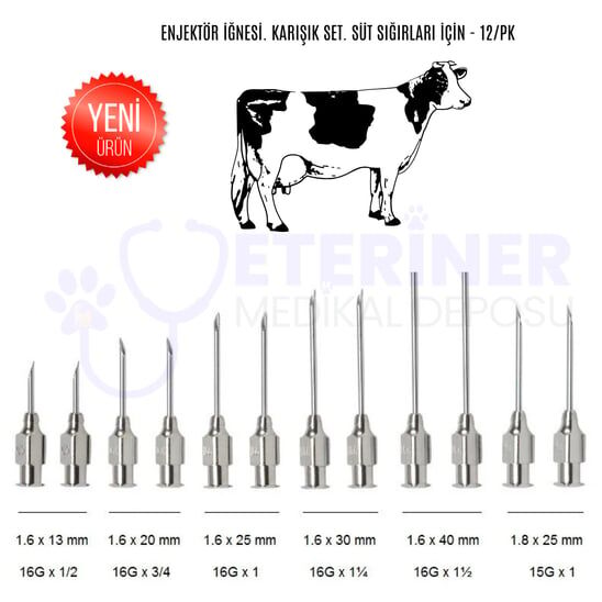 ''Enjektör İğnesi. Karışık Set. Süt Sığırları İçin - 12/pk ''