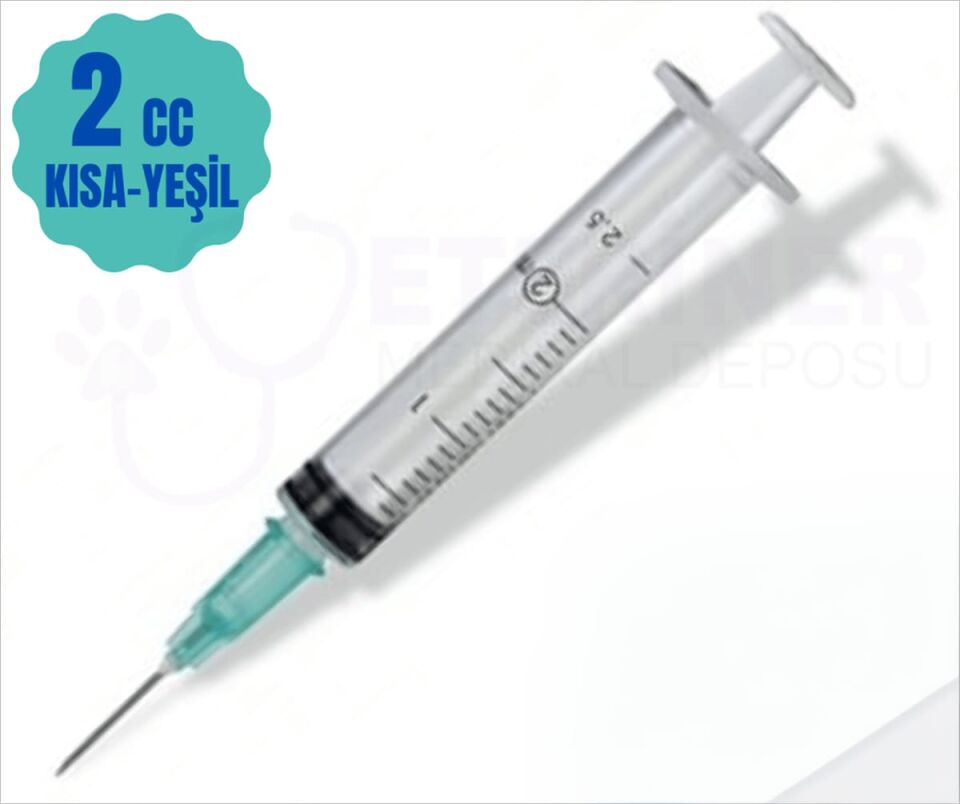 2 CC 3 Parça Contalı ve Yeşil Kısa Uçlu Enjektör 100' Lü Paket