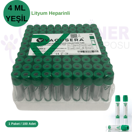 Lityum Heparinli Tüp 4 ML Yeşil Kapak 100'lü Paket