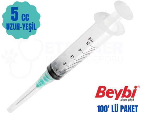 Beybi 5 CC 3 Parça Contalı ve Yeşil Uzun Uçlu Enjektör 100' Lü Paket