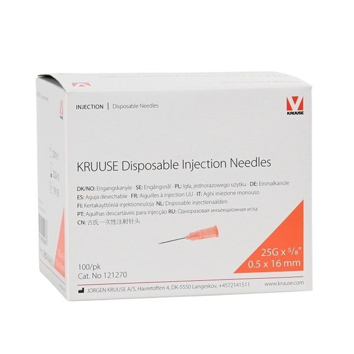 KRUUSE Enjektör İğnesi 0.5 x 16 mm. Turuncu (25G x 5/8) - 100/pk