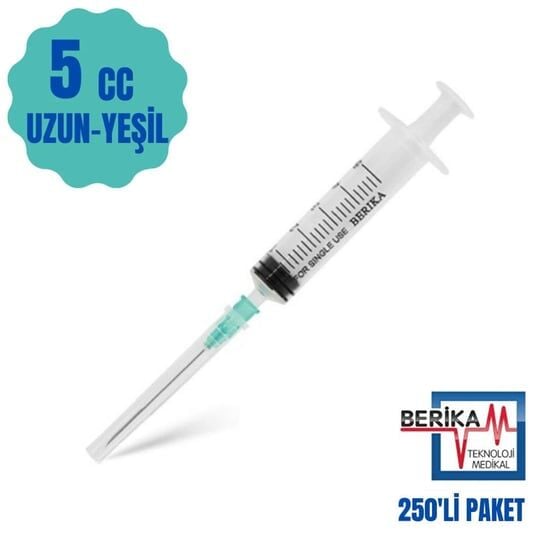 Berika 5 CC 3 Parça Contalı ve Yeşil Uzun Uçlu Enjektör 250' Li Paket